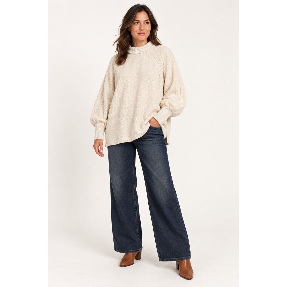 We The Free Sweater Women's S Ivory Oversized Mock Neck Balloon Sleeve Boho